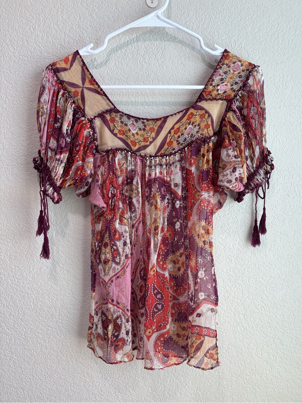 iXE 100% Silk Y2K Bohemian Paisley Print Short Sleeve Blouse Purple Pink Small